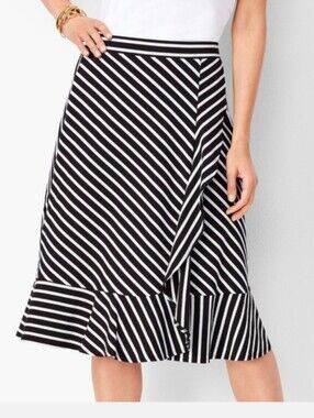 Talbots Jersey Cascading Midi Skirt S Ruffled Hem Navy/White Striped